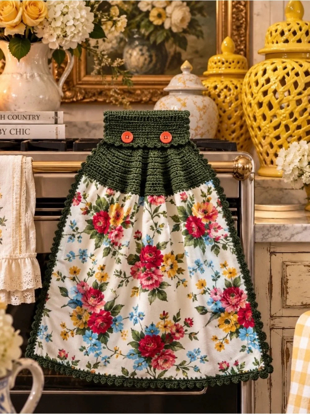 Pioneer Woman Floral Crochet Hanging Kitchen Towel Moss Green Handmade